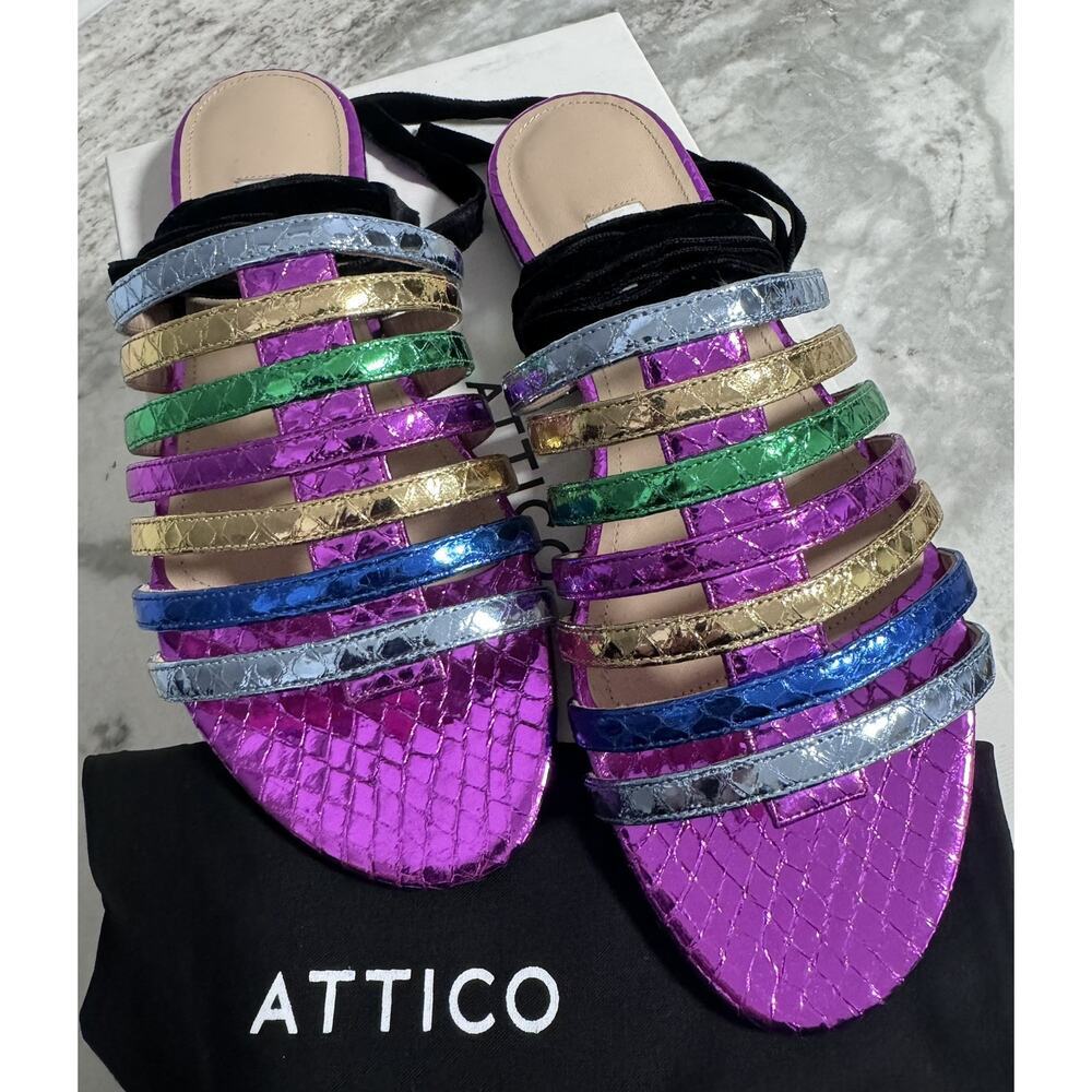 New Attico Rainbow Metallic Strappy Flat Slide on Sandals Size 35